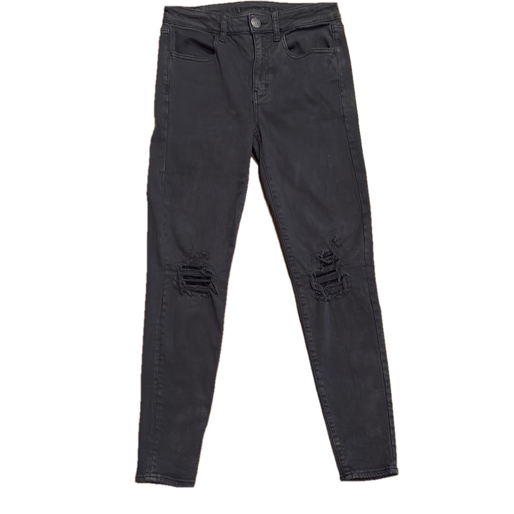 American Eagle next level stretch black distressed jeans, size 6